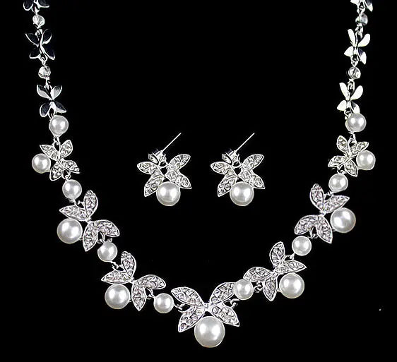 Bridal Jewelry Set with Pearl and Diamond Leaf Design