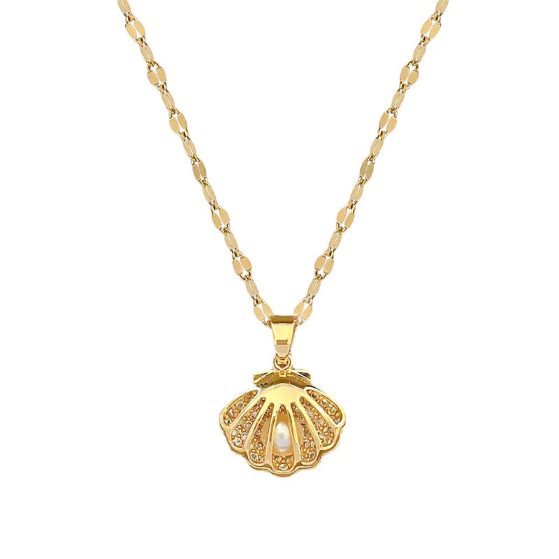 Titanium Steel Pearl Necklace with Zirconia and Pendant