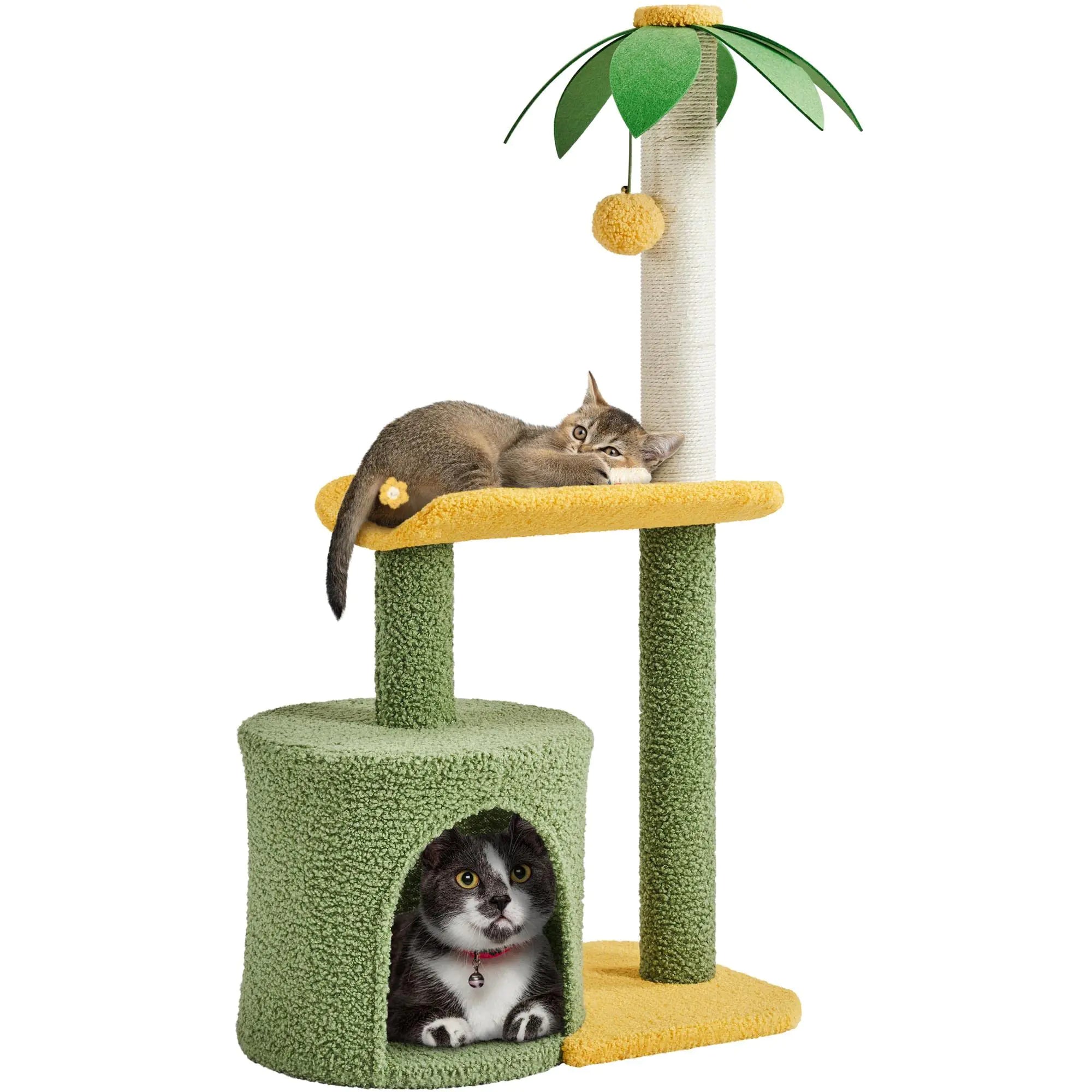 Yaheetech Cat Tree for Indoor Cats 37in Coconut Palm Cat Tree with Green Leaves Cat Scratching Post Cat Tower with Large Condo Play House Activity Center with Bending Perch Green/Yellow