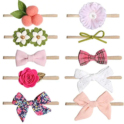 Purtulle Baby Girls Nylon Elastic Headband Soft Flower Hair Band For Toddler Infant Newborn Hair Bows Set Of 10 (#4)